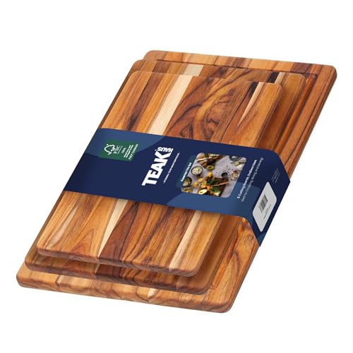 Teakhaus Teak Wood Cutting Board Set of 3 - Small, Medium and Large Teak Cutting Boards - Holiday Gift Ideas for Men and Women - Gift-Ready, Reversible, Edge Grain, Knife Friendly - FSC Certified