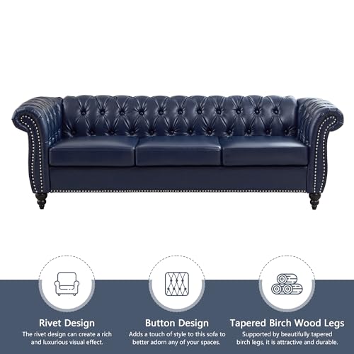Image of QHITTY Accent Large Sofa, Chesterfield Couch 3 Seater Modern Leather Couch Upholstered Sofa with Tufted Back for Living Room Furniture (Blue)