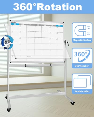 Image of XBoard Magnetic Mobile Whiteboard, Double Sided Magnetic Dry Erase White Board on Wheels, Large Portable Easel with Stand and Aluminium Frame for Home School Office (Calendar 48x36-Inch)