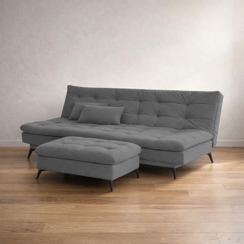 Image of Krancy Solid Wood 3 Seater Sofa Cum Bed with Ottomon | Convertible Wooden Couch for Living Room, Home & Office | Modern Designer Furniture | 1 Year Warranty | Dark Grey Color