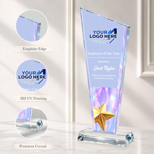 Image of Custom Crystal Trophy Award Personalized Plaque Award with Text Logo Photo Awards Trophies for Employee Recognition Team Graduation Personalized Office Gifts for Boss Coworker Teacher