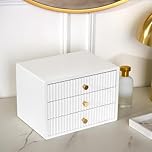 OHS White Wooden Desktop Drawers Ribbed, Small Desktop Organizer Office Supplies Filing Tidy Storage Shelf Stackable Makeup Container Jewellery Box Storage Cabinet with 3 Drawers