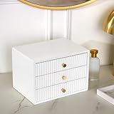 OHS White Wooden Desktop Drawers Ribbed, Small Desktop Organizer Office Supplies Filing Tidy Storage Shelf Stackable Makeup Container Jewellery Box Storage Cabinet with 3 Drawers