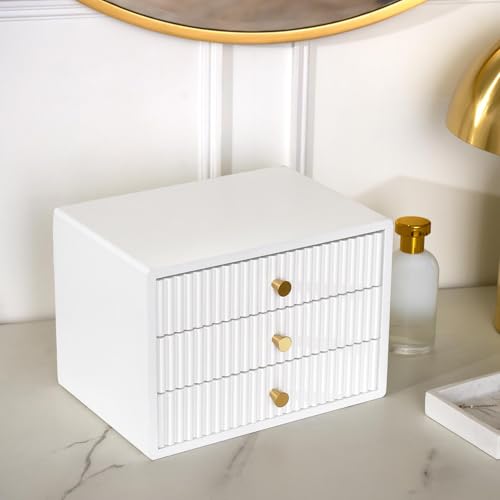 OHS White Wooden Desktop Drawers Ribbed, Small Desktop Organizer Office Supplies Filing Tidy Storage Shelf Stackable Makeup Container Jewellery Box Storage Cabinet with 3 Drawers
