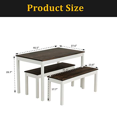 image for Mecor 3-Piece Dining Set Table with 2 Benches, Solid Pine Wood Tableto