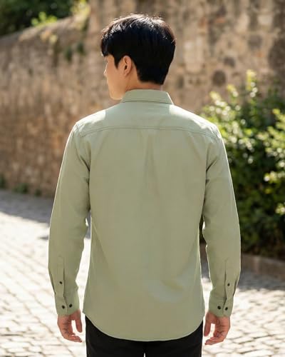 Image of Men's Long Sleeve Dress Shirt,Olive Green, Button Down, Chest Pocket, Casual Formal Wear