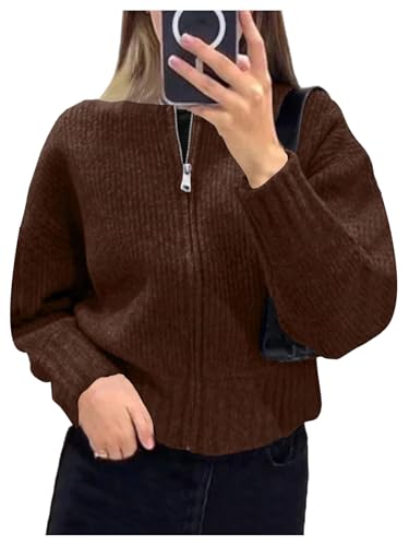 Image of GORGLITTER Women's Zip Up Cardigan Sweaters Trendy Fall Cozy Long Sleeve Knitted Autumn Winter Sweaters Jacket Dressy Brown X-Large