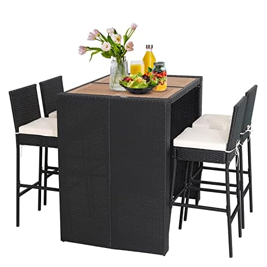 Tangkula 5 Piece Patio PE Wicker Bar Set, Patiojoy Outdoor Acacia Wood Bar Height Table & 4 Rattan Bar Stool Chairs with Backrest and Footrest, Outdoor Dining Bistro Set (Off White)
