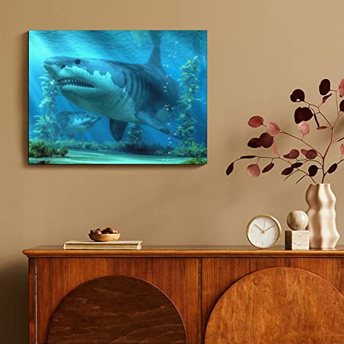 Shark Art Prehistoric Wildlife Marine Life, Amazing Creature, Marine Life Poster Wall Art Paintings Canvas Wall Decor Home Decor Living Room Decor Aesthetic 24X32Inch(60X80Cm) Frame-Style #TOP4