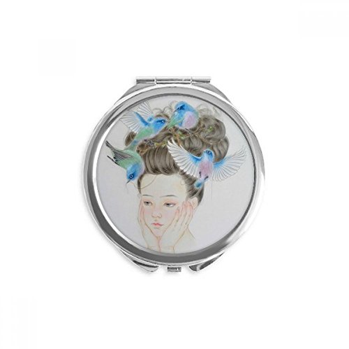 Miroir de poche peinture chinoise oiseau bleu mini miroir maquillage portable rond multicolore