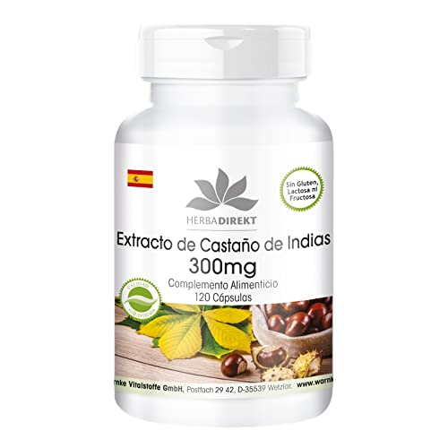 Extracto de Castaño de Indias en cápsulas - 20% de Escina - 300mg por cápsula - Altamente dosificado - Vegano - 120 cápsulas | HERBADIREKT by Warnke Vitalstoffe - Calidad de farmacia alemana