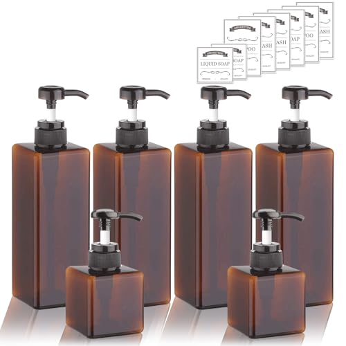 6 Pack Shampoo and Conditioner Dispenser Bottles - 4 Pack 22 Ounce and 2 Pack 8 Ounce Refillable Square Plastic Pump Bottles Shower Soap Dispenser for Shampoo Conditioner Body Wash (Amber)