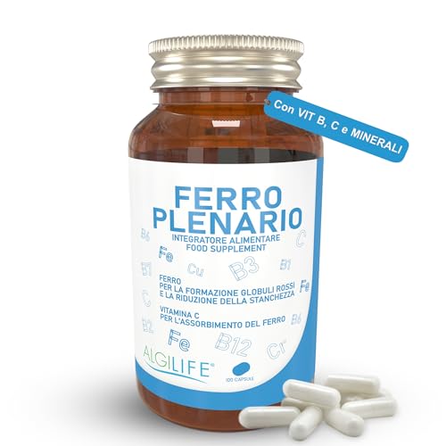 Integratore Ferro Forte con Vitamina C, Vitamina B, Minerali, Rame, Cromo (100 Capsule) ALGILIFE Ferro Plenario - Integratore Pressione Bassa, Globuli Rossi, Stanchezza e Spossatezza