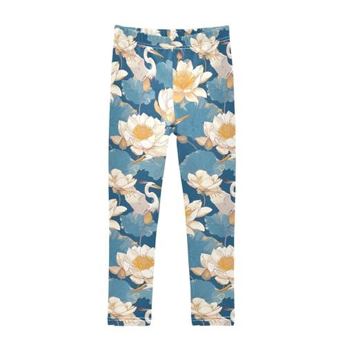 KLL Seamless Pattern Heron Bird Water Lily Little Girls Active Leggings Fashion High Waisted Athleisure Pants Sports