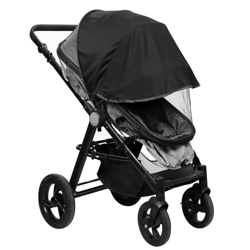 LEMESO Moustiquaire Poussette Universelle avec Pare-Soleil Intégré - Protection Anti-Moustiques et UV pour Enfants, avec Fermeture Éclair (Noir)