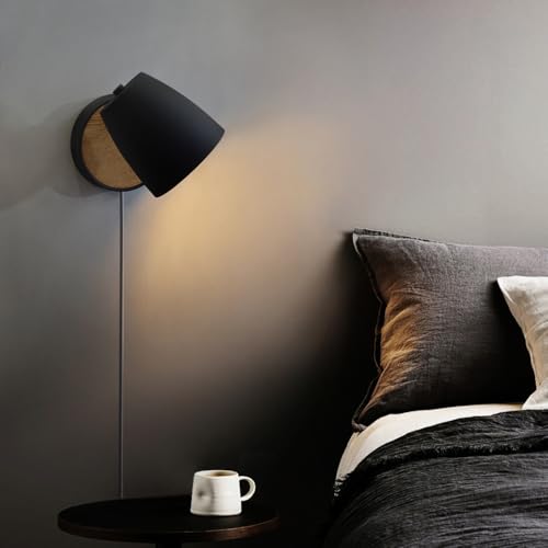 Image of Plug in Wall Sconce Black,Bedside Wall Lamps with Switch,Modern Wood Wall Light for Bedroom with 180Rotation Metal Shade,Indoor E26 Wall Lamp for Living Room,Dining Room,Hallway,Stairway,Wall Decor