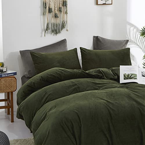 Cottonight Army Green Velvet Comforter Set King Olive Green Flannel Plush Bedding Comforter Set Blackish Green Fluffy Blanket Quilts Winter Warm 3 Piece Army Green Velvet Comforter Set For King Bed #TOP2