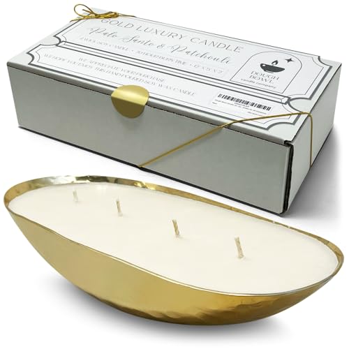 Dough Bowl Candle Co. Luxury Candle - Luxury Candles for Home, 12x5x2 Inch Luxury Candles for Women and Men, 4-Wick Fancy Candles, Pretty Candles for All Occasions (Palo Santo and Patchouli, Gold)