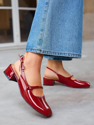 Image of Coutgo Womens Mary Jane Shoes Slingback Chunky Low Heels Bow Closed Square Toe Pumps Wedding Party Dress Shoes
