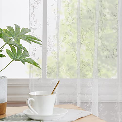 Topick White Sheer Curtains Embroidered Floral Window Drapes For Living Room Bedroom 84 Inch Length Country Scalloped Voile Mesh Light Diffusing Off-White Tulle Curtain Set Of 2 Panels Rod Pocket #TOP4