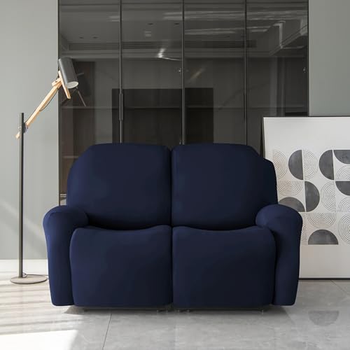 Image of HOKIPO 'SereneSolids' 140 GSM 6-Pieces Super Stretch Recliner Sofa Cover 2 Seater Fully Covered Washable Furniture Protector, Navy Blue (AR-4741-NBLU)