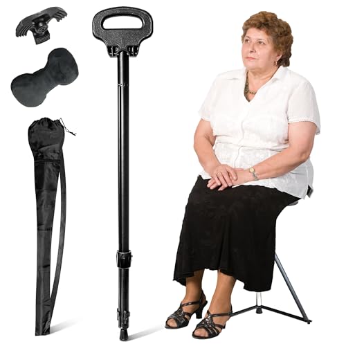 Image of Walking Cane with Seat, Cane Chair with Cushion Folding Lightweight Portable Seat for Adults Seniors Camping Hiking Travelling