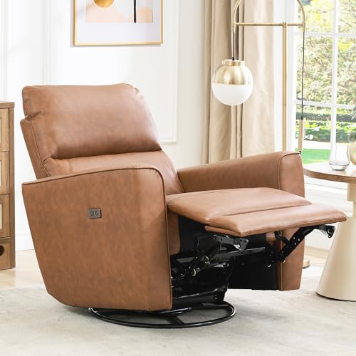 Image of GarveeHome Power Recliner Chair, 270 Swivel Rocking Glider with USB Charging Port, PU Leather Upholstered Fabric, Ergonomic Modern Nursery Chair for Living Room, Bedroom, Nursery (Brown)