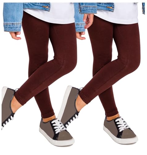 SOFTSAIL Leggings de Algodón para Niñas Longitud Completa de los Niños Leggings de Algodón Lisos de los Niños de la Escuela Danza Pantalones Suaves Elásticas y Sólidas para Niños I 2-13 Años, Marrón -