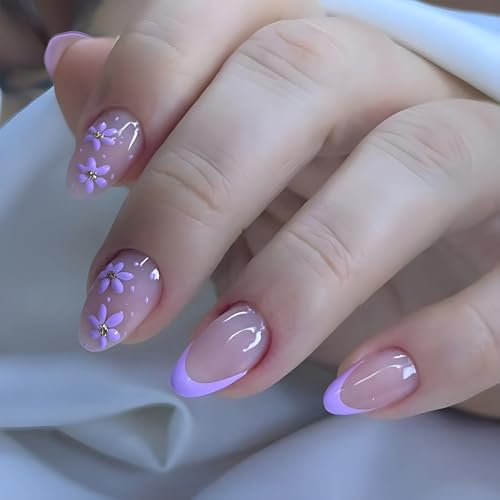30Pcs Purple Flower Press on Nails Short Almond Fake Nails French...