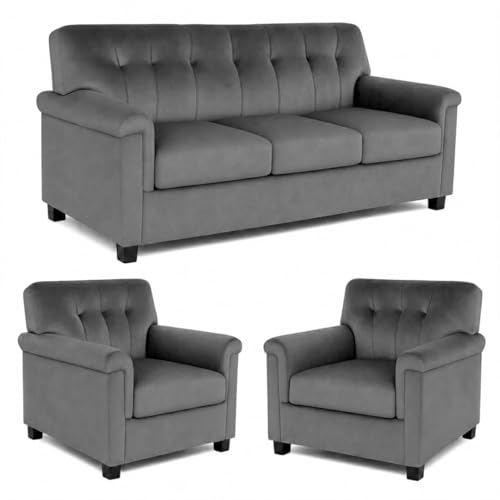 Image of FURNY Woodswave 5 Seater 3+1+1+2 Puffy Sofa Set for Living Room in Premium Velvet Finish (Dark Grey) Durable & Comfortable Ideal for Living Rooms