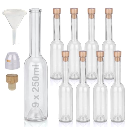Flaschen Set 9 x 250ml hochwertige Glasflaschen leer mit Korken Schrumpfkapseln & 1 Trichter zum...