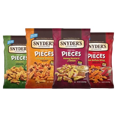 Snyders of Hanover Pretzel Pieces Bundle | Cheddar Cheese | Honey Mustard Onion | Hot Buffalo Wing | Jalapeno | 4 x 318g