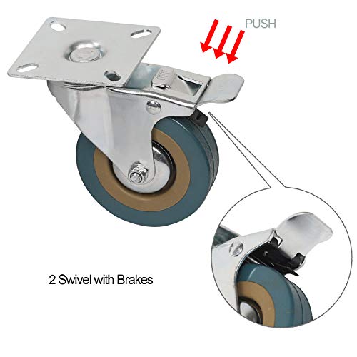 KINJOEK 4 Pack 3 Inch Caster Wheels Swivel 2 with Brakeand 2 Non Brake,360 Degree Polyvinyl Chloride Rubber Wheels for Carts, Furniture, Workbench, Trolley, 440lb Capacity