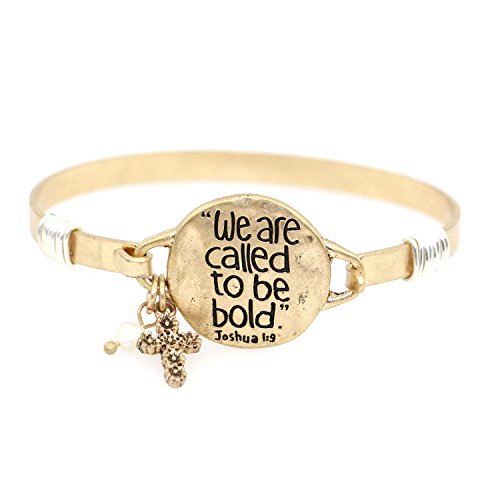 Image of inchWe are Called to be Bold inch Joshua 1:9 Beautiful Christian Bangle Bracelet with Wire Design and Cross Charm and Pearl Bead (Worn Gold)
