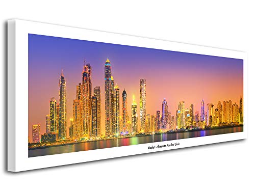 DECLINA Tableau Panoramique Dubai Sunset - Impression photo ville sur toile décoration murale paysage - Déco maison, cuisine, salon, chambre adulte - 80x30 cm
