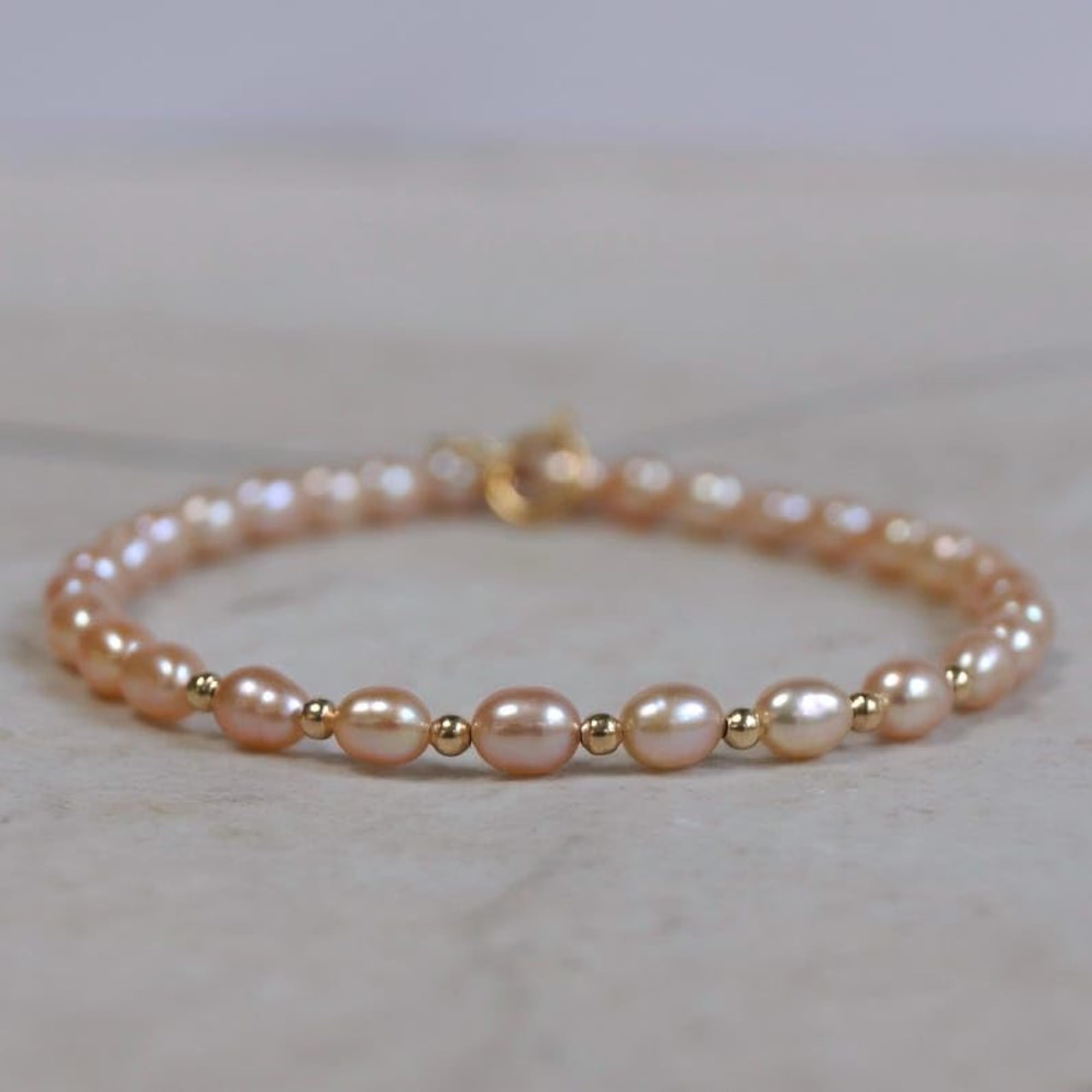 Pink Pearl Oval Beaded Bracelet with Gold Lock, Adjustable