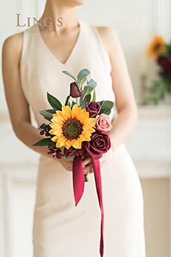 Ling's Moment Set Of 6 Sunflower & Burgundy Bridesmaid Bouquet Wedding Bouquet For Bridesmaids Posy Bouquet For Bridal Shower Bridal Party Photography Wedding Ceremony #TOP2