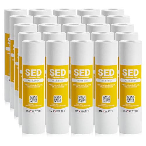 Max Water 1 Micron 10 x 2.5 Sediment Filter Cartridge Replacement for Reverse Osmosis and Whole House Water Filter, Compatible with Well Water Filters - P5, AP110, WHKF-GD05, WFPFC5002 (25 Pack)