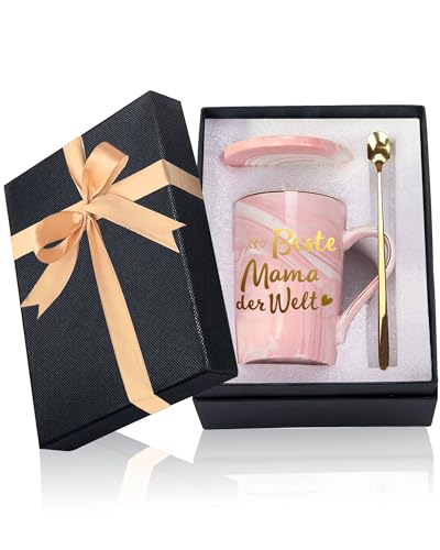 Beste Mama der Welt Kaffeebecher, Muttertagsgeschenke für Mama von Tochter Sohn, 14OZ (400 ml) Keramik Marmorbecher Teetasche mit Deckel Goldenem Löffel und Geschenkbox