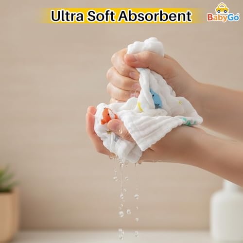 Image of BabyGo Muslin Baby Washcloths - 6 Layer Ultra Soft Cotton Baby Towels | Highly Absorbent Face Towels for Newborns, Kids & Toddlers | Quick Dry Burp Cloths & Bath Essentials - Pack of 4