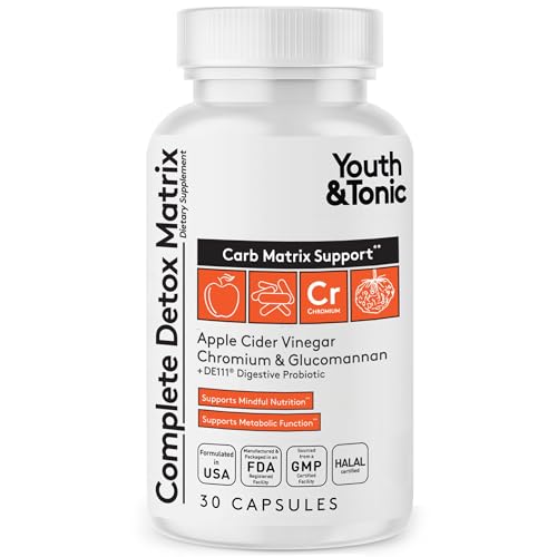 Youth & Tonic Balanced Detox Pills as Complete Gut Cleanse & Carb Matrix Support with ACV, Glucomannan, Chromium for Body Detoxing & Digestive Health, Supplement for Men & Women, Third-Party Tested