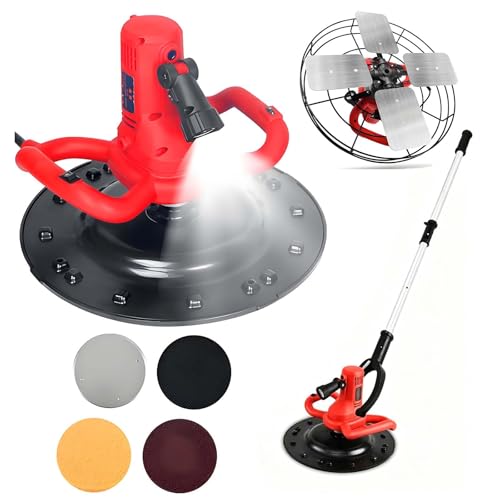 QFGain Llana EléCtrica para Concreto, Pulidora Y Amoladora, Ligera (3 Kg), Luz Led, PéRtiga Extensible de 1.55 M Y Cabezal Giratorio de 90° para Techos Y Esquinas, 6 Velocidades (280-2800 RPM).