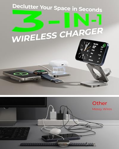 Image of 3 in 1 Charging Station for Apple - Qi2.2 25W Magnetic Wireless Charger for iPhone 17, Apple Watch, AirPods, Travel Fast Charging Foldable Stand with 45W GaN Adapter, Aluminum Alloy Design