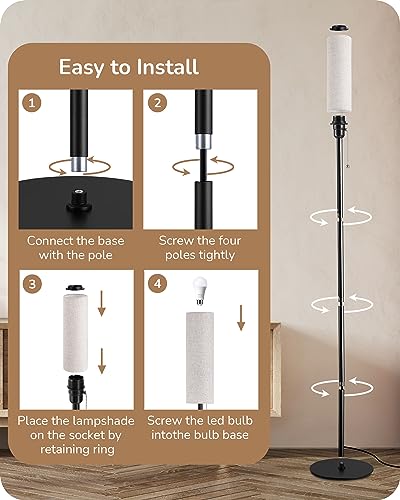 EDISHINE Floor Lamp, Standing Lamp with Rounded Linen Lampshade, Floor Lamps for Living Room, Bedroom, 165cm, E27 Socket(9W LED Dimmable Bulb Included), Magnetic Remote Control, Black
