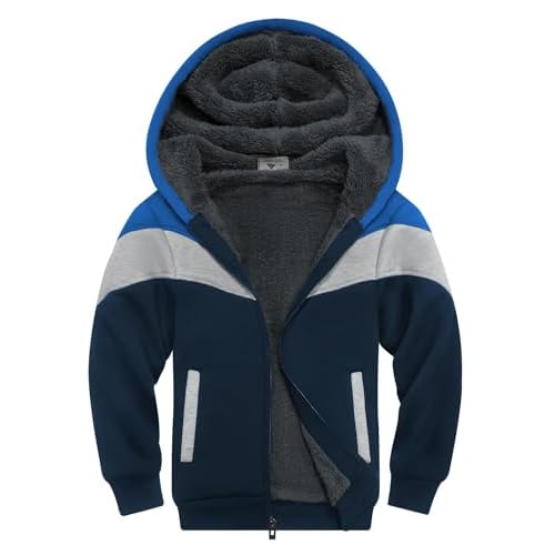 V VALANCH Boys Hoodie Zip Up Fleece Lined Jacket Warm Sherpa Hooded Sweatshirts for Boys Girls 6-15 Years Blue Light Grey Navy 12-13 Years