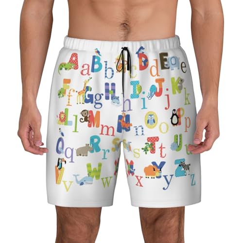 Men's Colourful Animal Alphabet Print Quick-Dry Mesh Swim Trunks Stretch Lining Beach Shorts Surfing Summer Vacations Black2