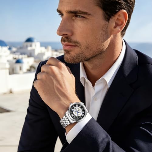 Image of OPK Men's Automatic Mechanical Watch Skeleton Black Dial with Roman Numerals Silver Stainless Steel Bracelet Waterproof Luxury Dress Wristwatch