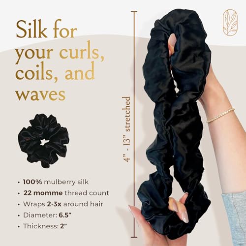 Image of Silk Scrunchies for Women Ponytail Holders - Oversized Mulberry Silk Scrunchies - Extra Large No Damage Hair Ties for Curly, Thick, and Thin - Hair Accessories for Women - Black, XL By Curlfriend