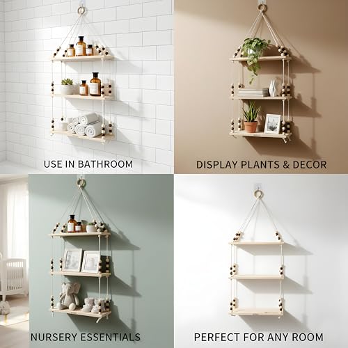 Image of 3Tier Hanging Shelf with Magic Hook, Use Decor Plants, Books, Decorative Gift Items Nursery Livingroom Wooden Beads & Ring Woven Bohemian Chic for Dorm