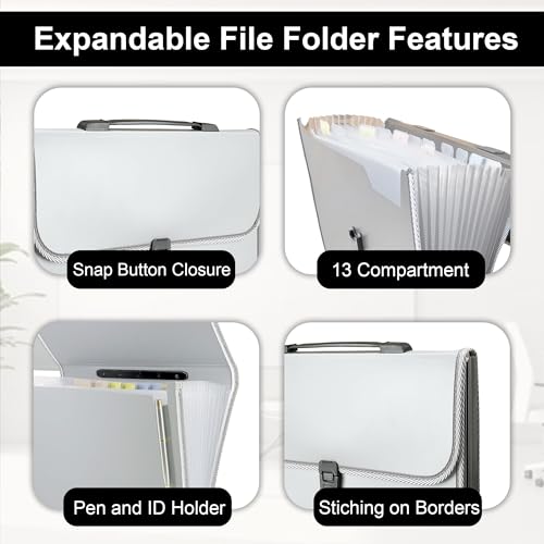 Image of GLUN Expanding File Folder A4 Size, 13 Pockets with Handle & Buckle Lock, Portable Document Storage Organiser for Office Use (Grey)